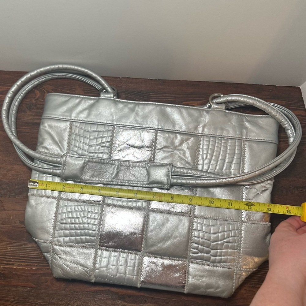 Silver Metallic Patchwork Leather Purse Two Handl… - image 7